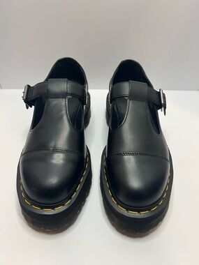 Dr. Martens Mary Jane Black Leather Flats Buckle Cap Toe Round Toe Women's 10